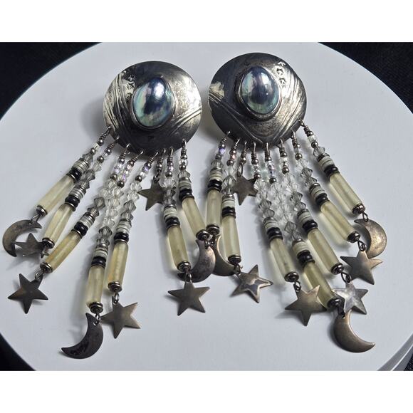 Vintage Tabra Sterling Silver Grey Pearl Celestial Statement Dangle Earrings 4" - Picture 10 of 10